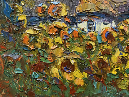 Vibrant impressionist oil painting of cozy village life by Oksana Ivanyuk