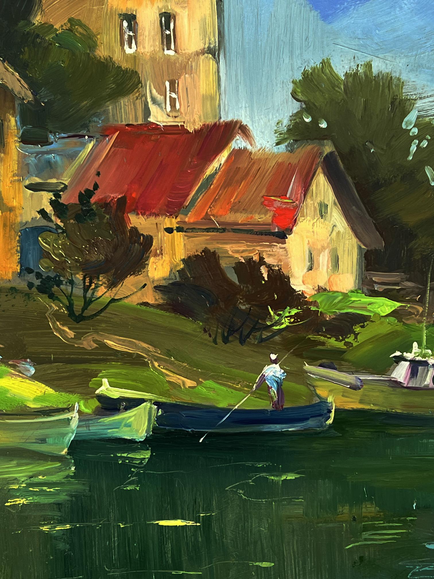 Oil painting of village boat dock by Yuriy Suprunchuk