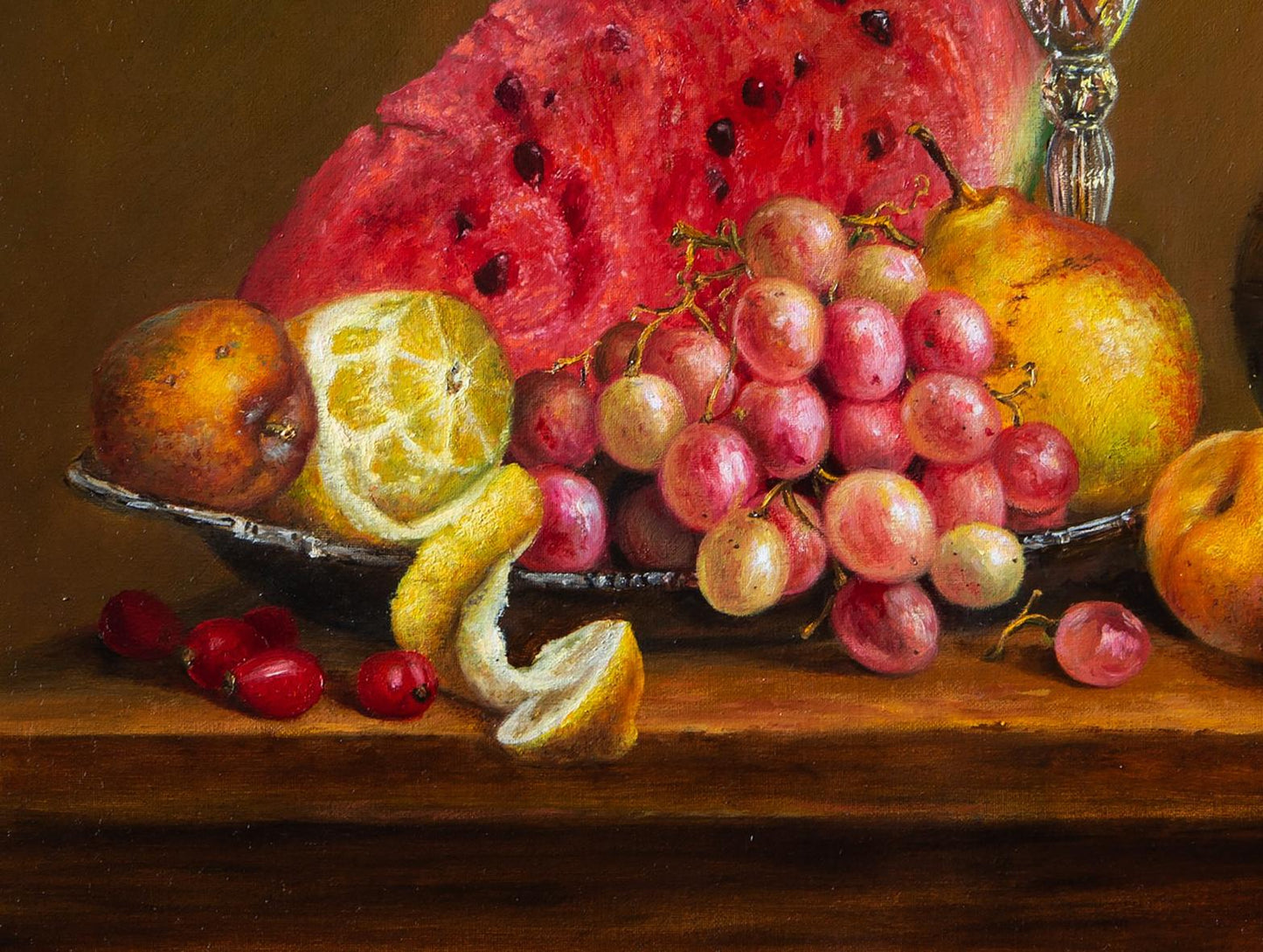 Oil painting Golden time Valeriy Bulat: vibrant watermelon slice on dark tray