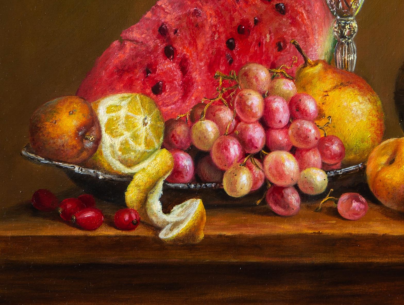 Oil painting Golden time Valeriy Bulat: vibrant watermelon slice on dark tray