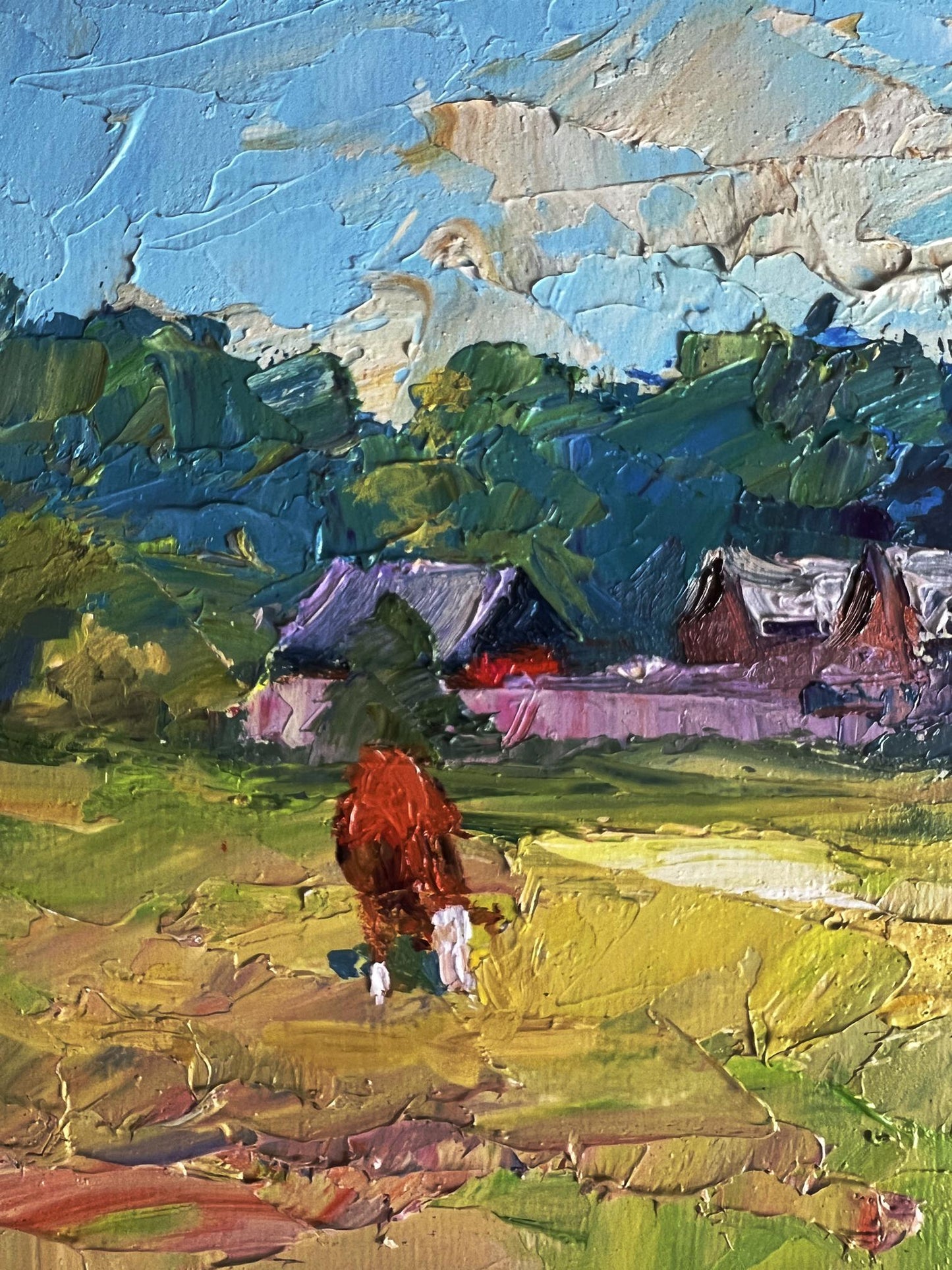 Oil painting by Boris Serdyuk: red cow near houses in textured field