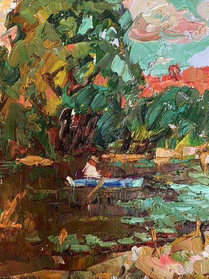 Oil painting On a blue boat by Oleksiy Ivanyuk: rower in white shirt rowing through lush greenery