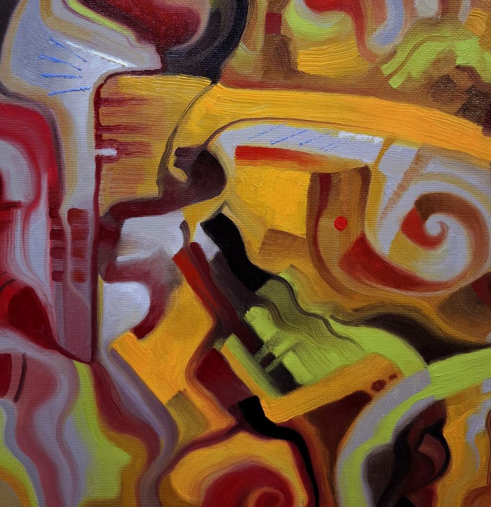 Vibrant Sergiy Voichenko oil painting of seahorse game with bold yellow, red, green strokes