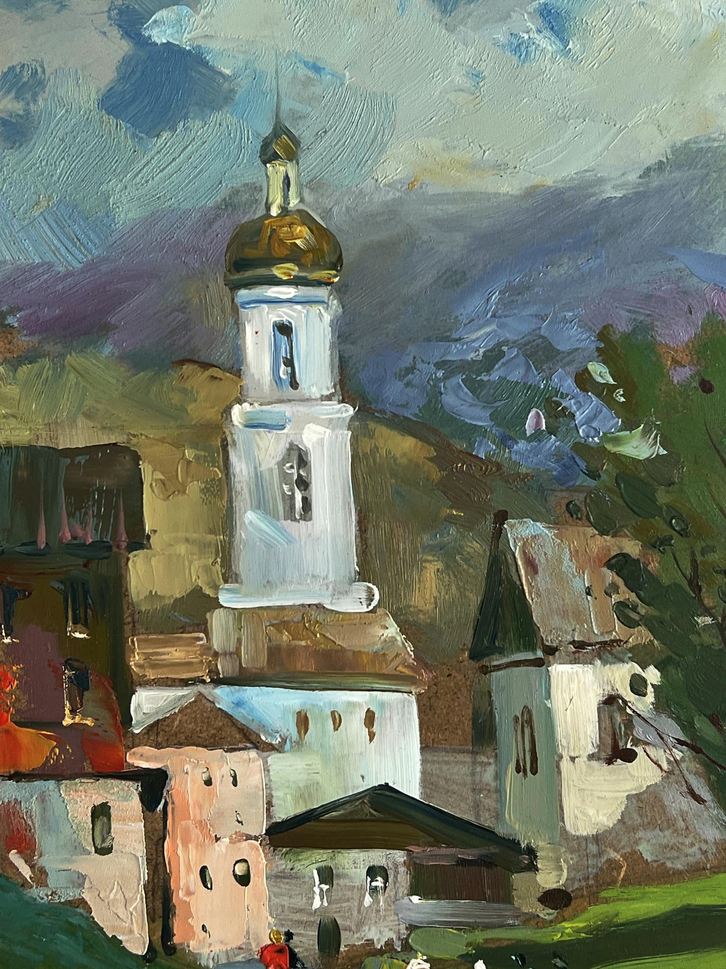Oil painting of village church tower with golden dome by Yuriy Suprunchuk