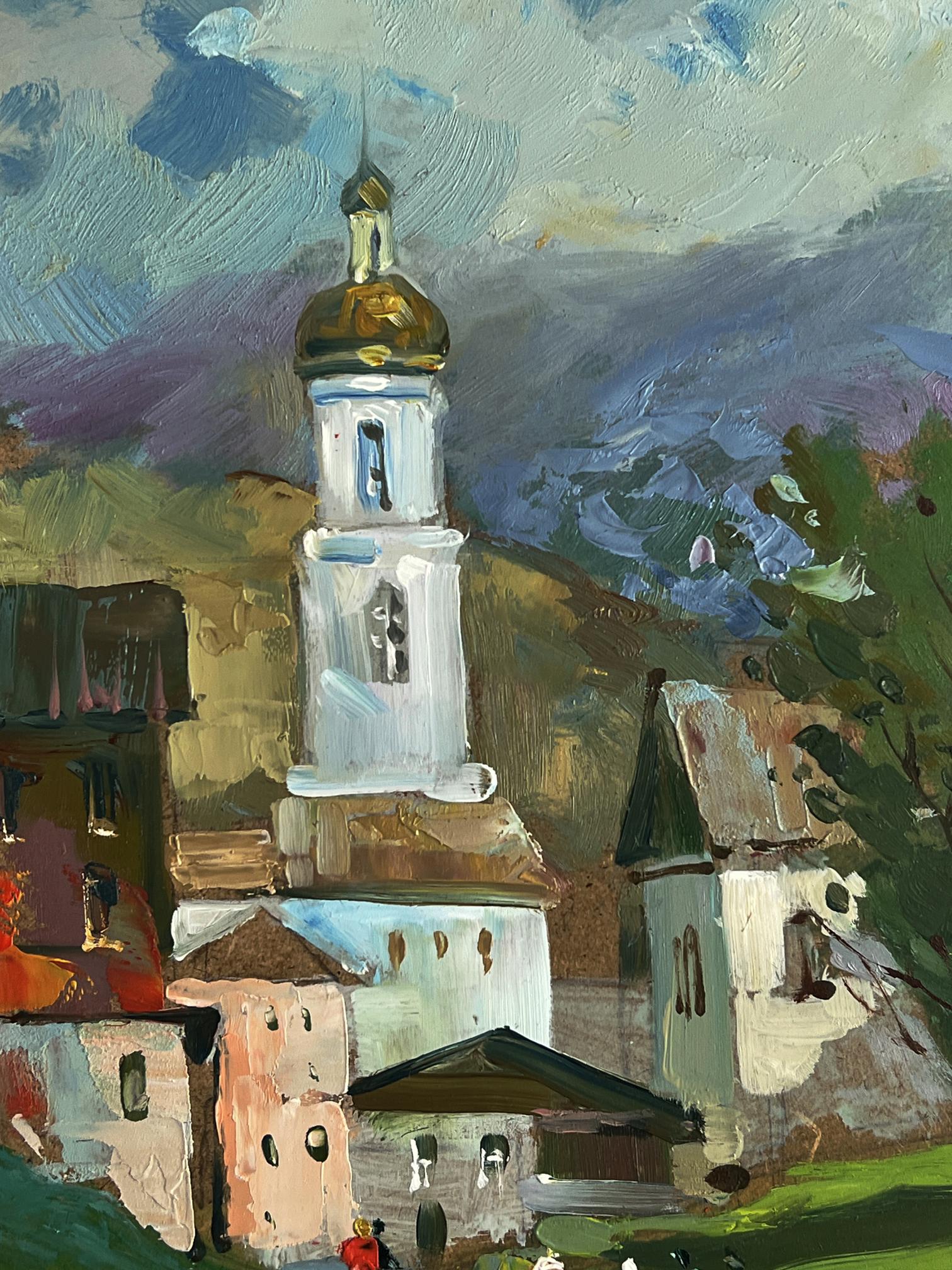 Oil painting of village church tower with golden dome by Yuriy Suprunchuk
