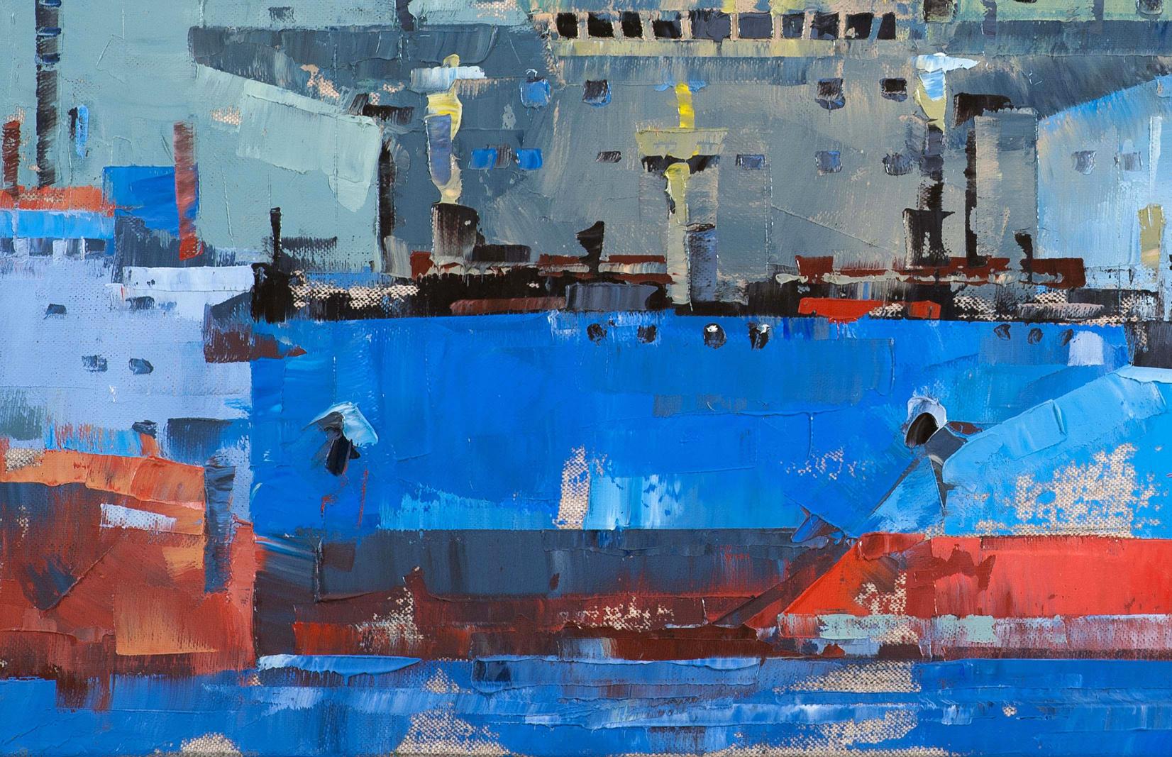 Vibrant blue red abstract oil painting of ship by Volodymyr Gluhomanyuk