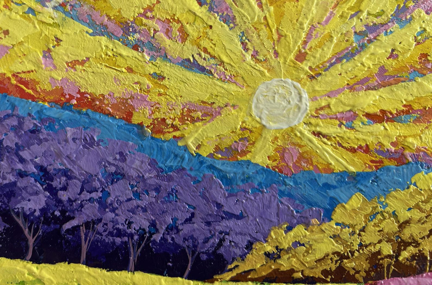 Oil painting Yellow rays of the sun over the forest by V. Zadorozhnya