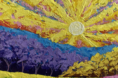 Oil painting Yellow rays of the sun over the forest by V. Zadorozhnya