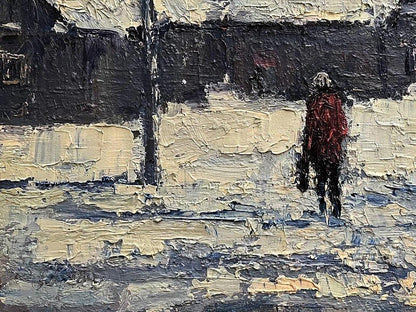 Oil painting Returning Home by Volodymyr Pashchenko, snowy street scene