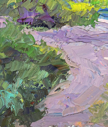 Vibrant impressionist oil painting of sand underfoot with green foliage and purple flowers by Boris Serdyuk