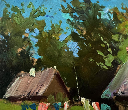 Oil painting of rustic thatched house under trees by Yuriy Suprunchuk