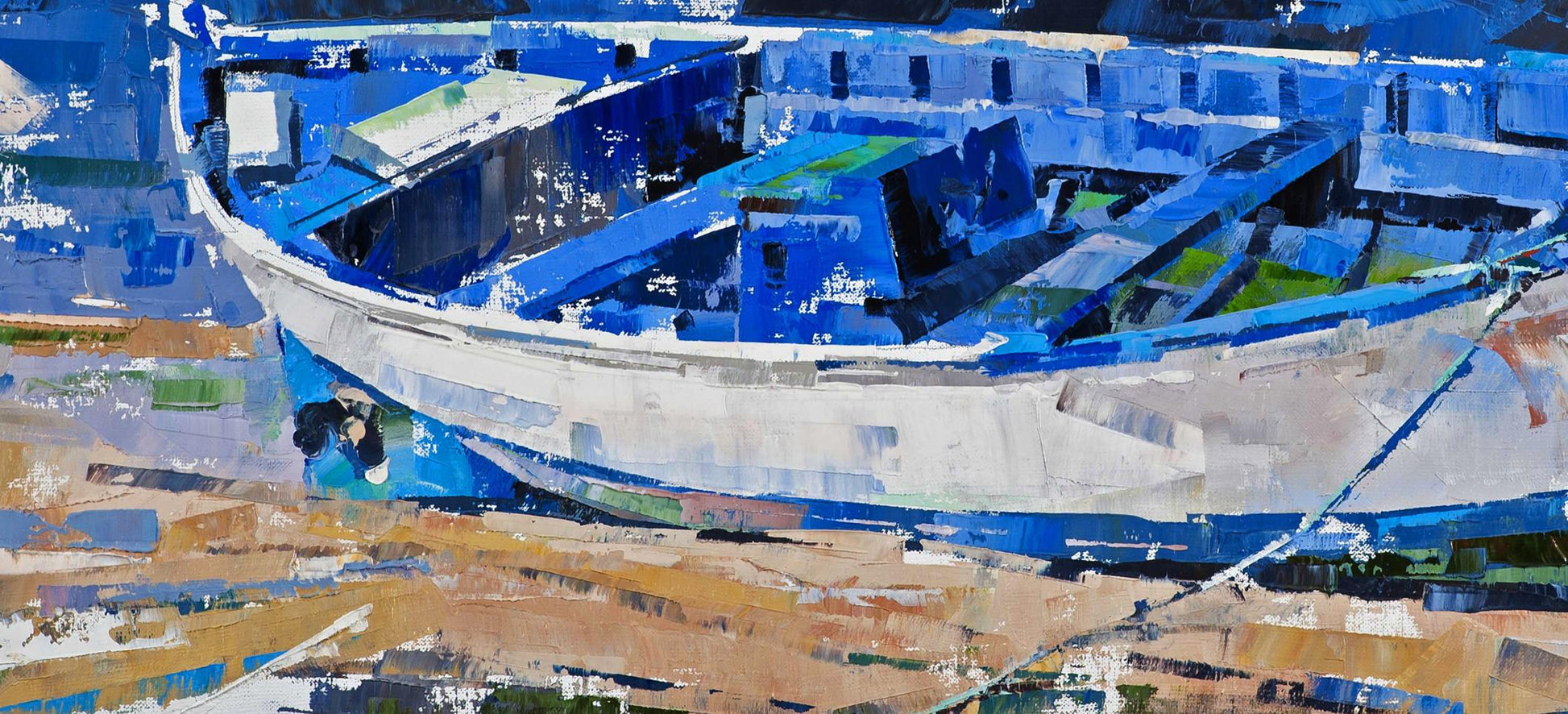Oil painting Expectation Volodymyr Gluhomanyuk blue white boat brushstrokes