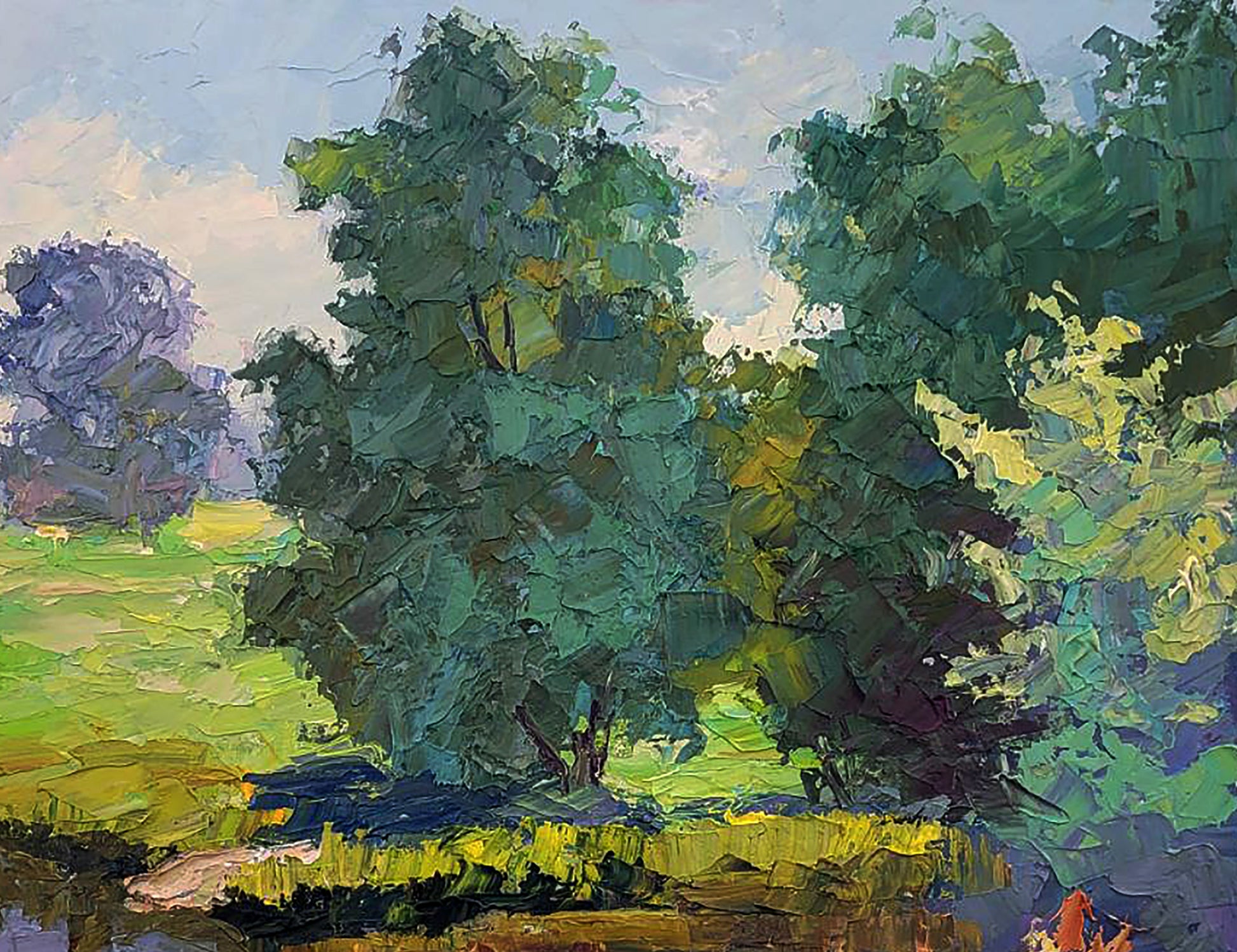 Oil painting Summer day by Serdyuk Boris Petrovich, lush green trees under blue sky