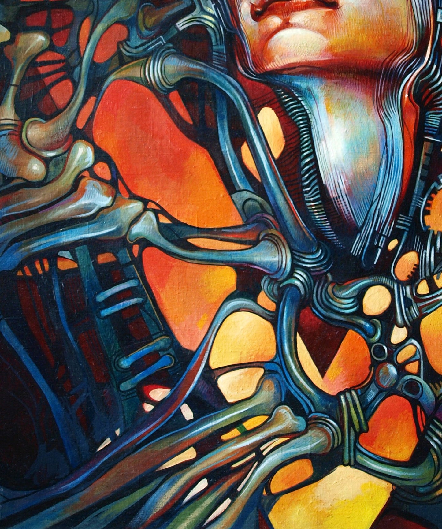 Oil painting Shiva by Konsta G. Amelinn: abstract face with blue orange skeletons