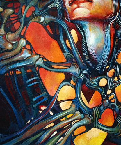Oil painting Shiva by Konsta G. Amelinn: abstract face with blue orange skeletons