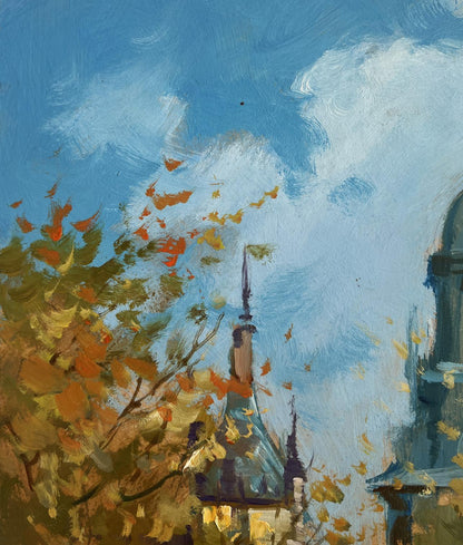 Oil painting The rustle of leaves underfoot by Yuriy Suprunchuk vibrant autumn scene