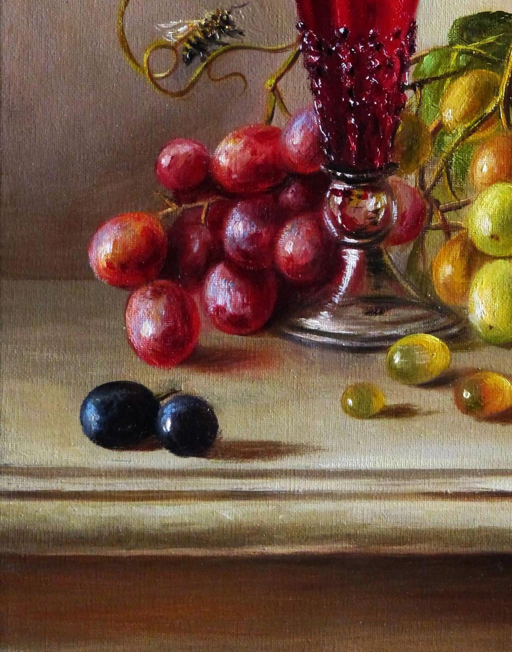 Vibrant red faceted glass vase with silver base in Valeriy Bulat fruity notes oil painting