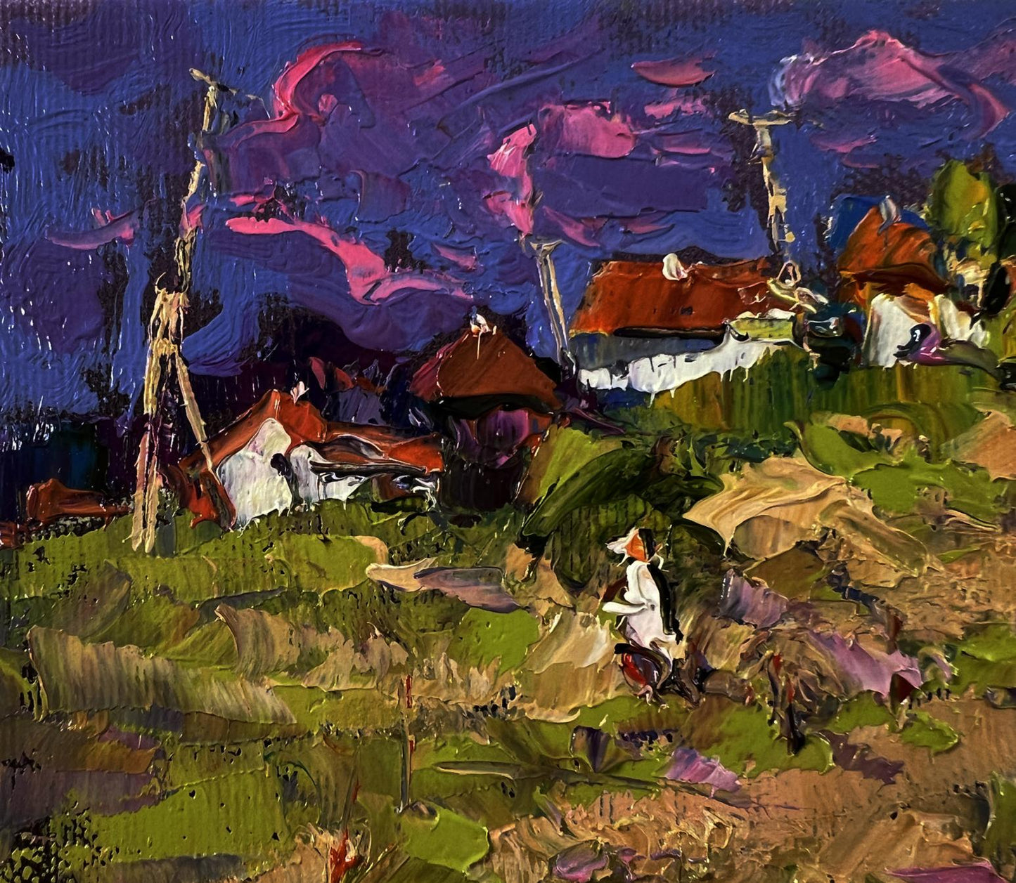 Vibrant impressionist oil painting Outside the Village by Oksana Ivanyuk at dusk