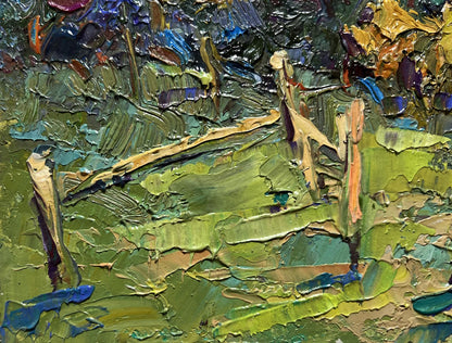 Oil painting of house near forest by Oksana Ivanyuk, textured green layers