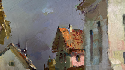 Oil painting by Yuriy Suprunchuk: rustic village street with orange roofs under gray sky