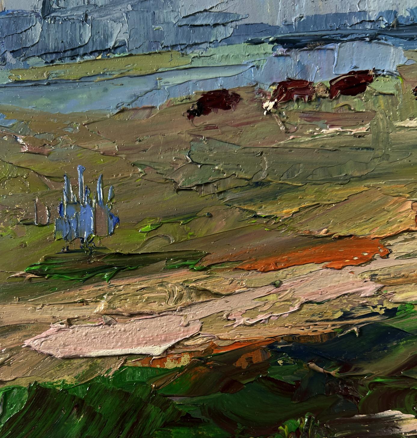 Impasto oil painting Field with cows by Boris Serdyuk, textured green landscape