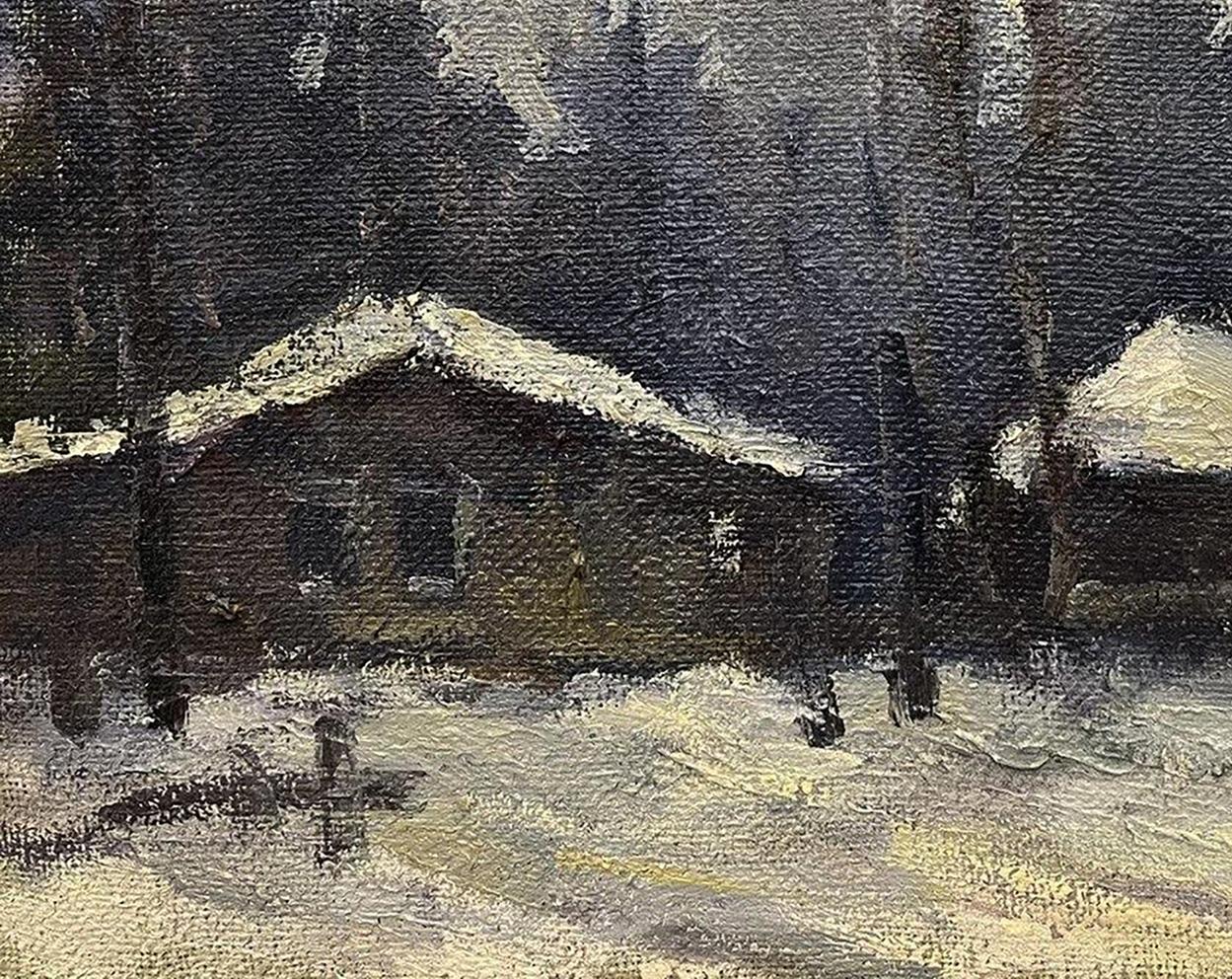 Oil painting White Night by Volodymyr Pashchenko: snowy cabin in wintry forest