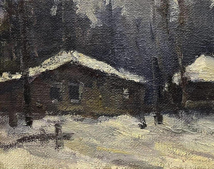Oil painting White Night by Volodymyr Pashchenko: snowy cabin in wintry forest