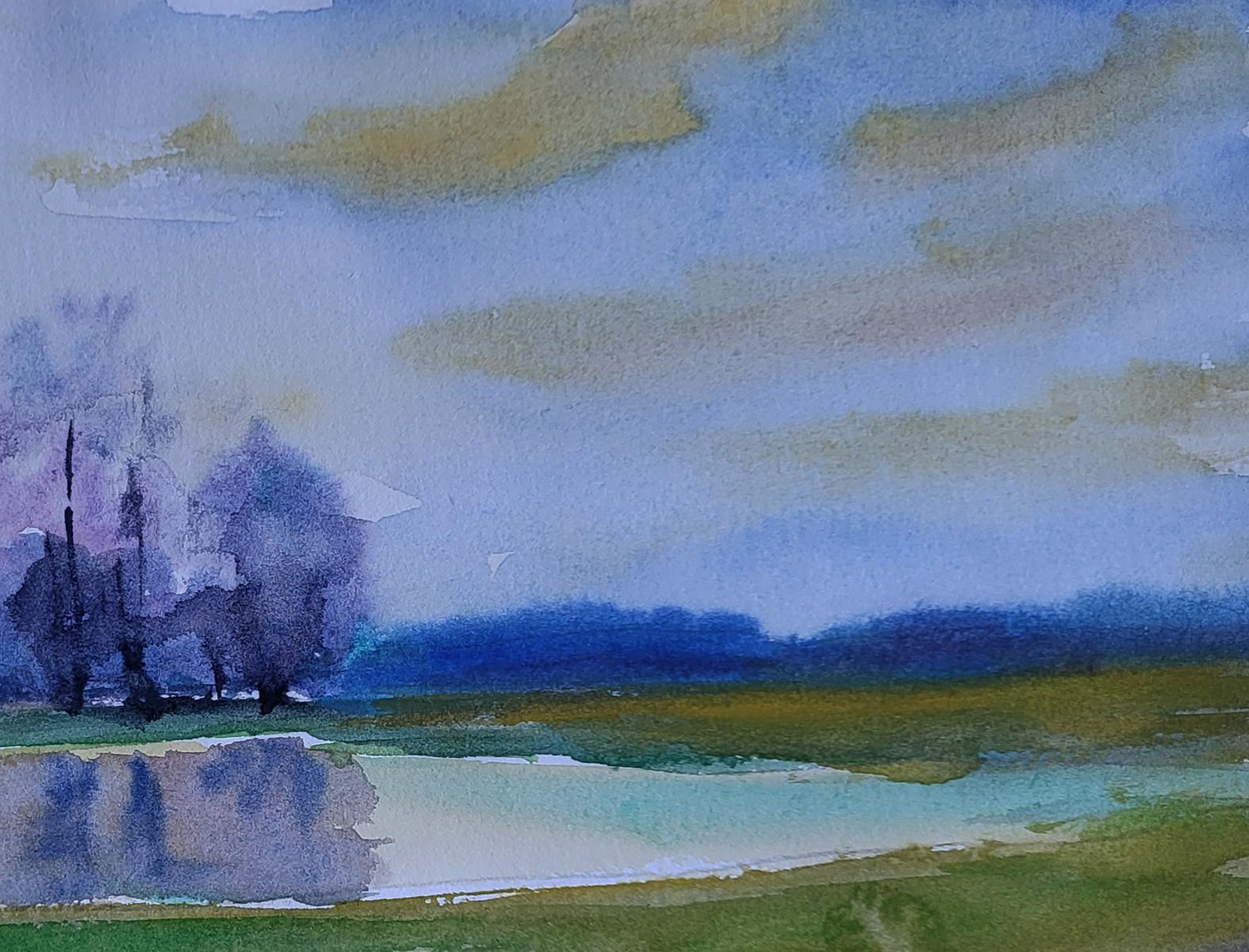 Serene watercolor lake in woods by Boris Serdyuk, misty sky, blue-green hues