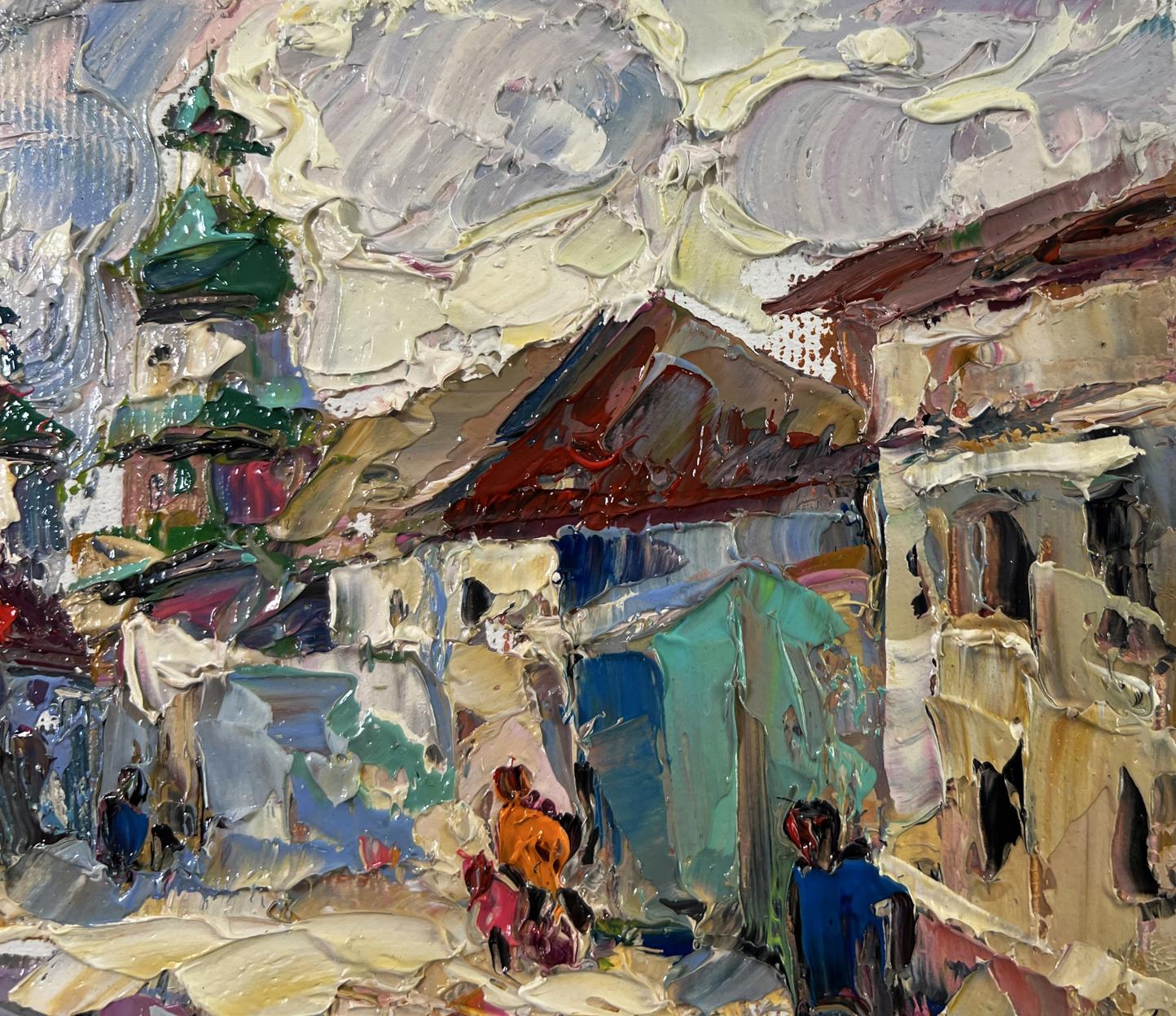 Impasto oil painting Morning city by Oleksiy Ivanyuk, cobblestone street scene