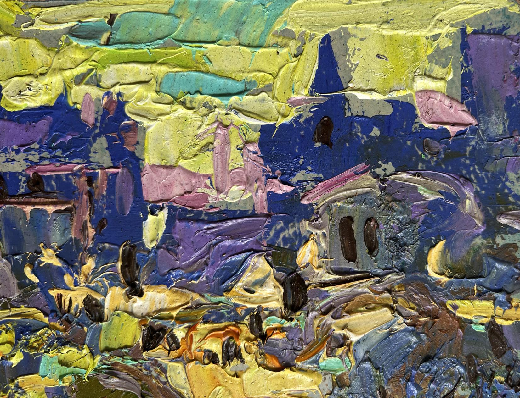 Vibrant textured oil painting of yellow sunset city by Oleksiy Ivanyuk