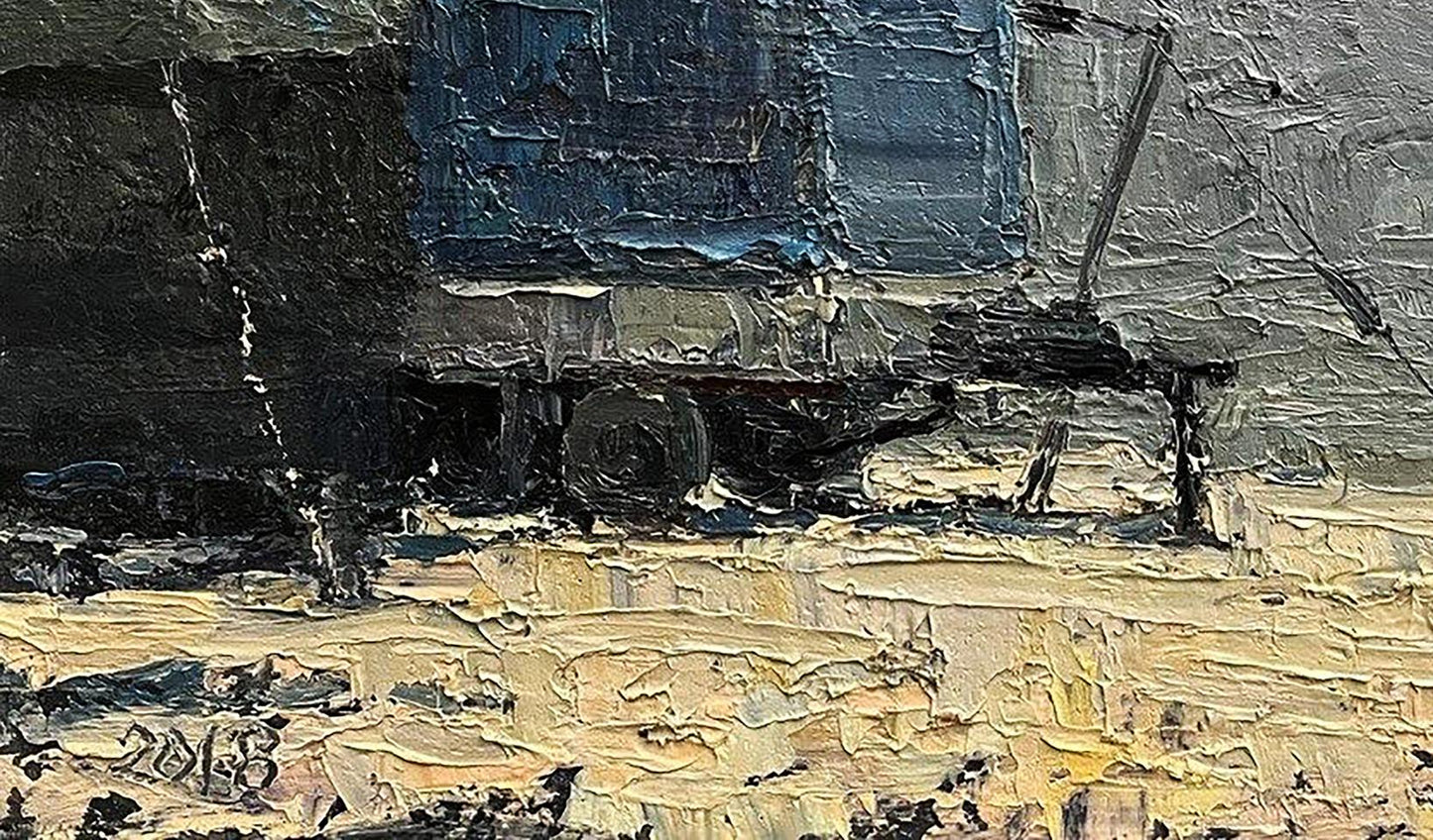 Oil painting Neighborhood Volodymyr Pashchenko dark blue truck textured brushstrokes