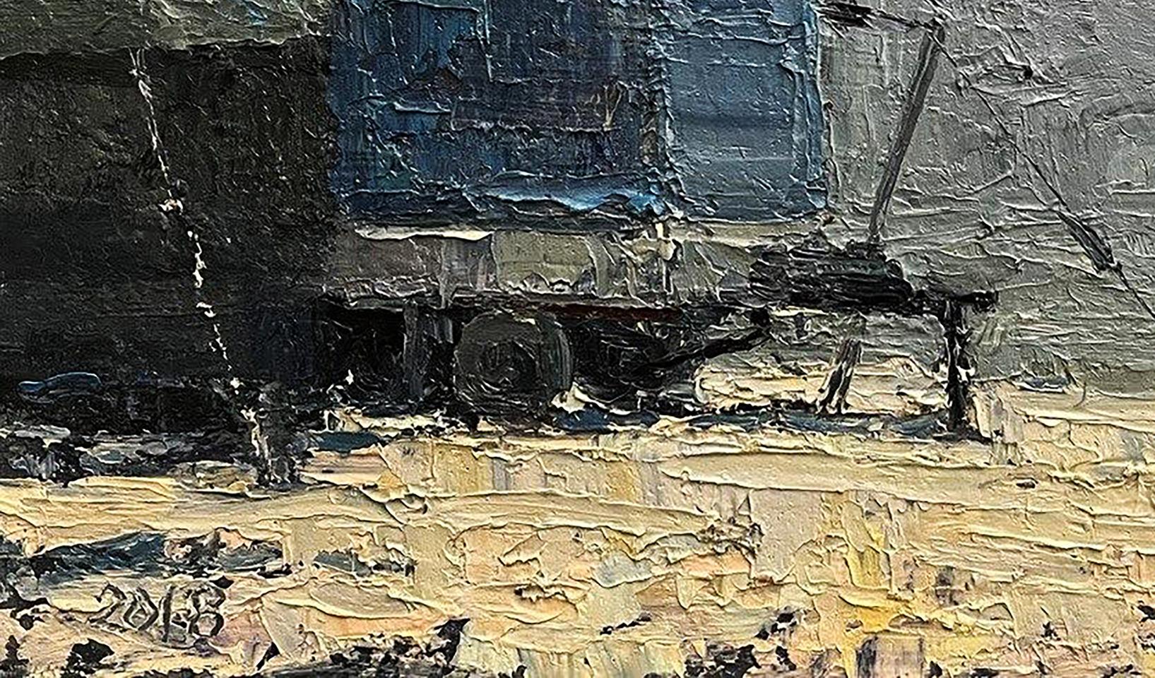 Oil painting Neighborhood Volodymyr Pashchenko dark blue truck textured brushstrokes