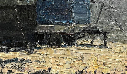 Oil painting Neighborhood Volodymyr Pashchenko dark blue truck textured brushstrokes
