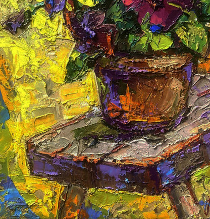 Vibrant impressionist oil painting of gentle petunias in The quiet room by Oleksiy Ivanyuk
