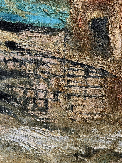 Oil painting Contrary to Serhiy Kovalev with textured earthy tones and teal strokes