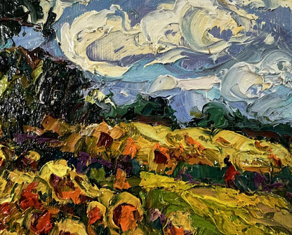 Vibrant impressionist oil painting of sunlit sunflowers by Oksana Ivanyuk