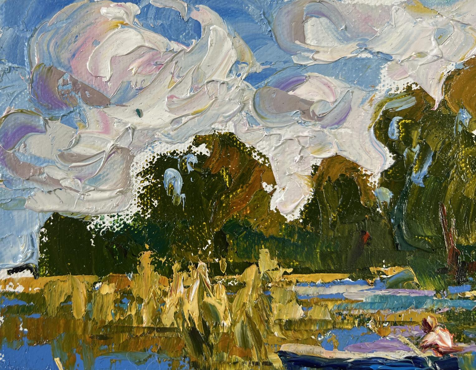 Vibrant impressionist oil painting by Oleksiy Ivanyuk: boat ride along river