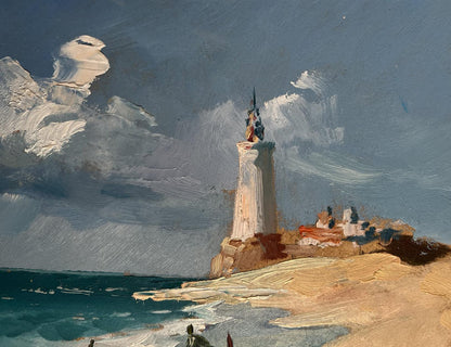 Oil painting of white lighthouse on rocky cliff over ocean by Yuriy Suprunchuk