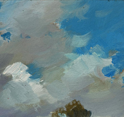 Oil painting of summer meadow glade with blue cloudy sky by Yuriy Suprunchuk