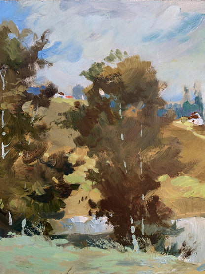 Textured oil painting of village pond by Yuriy Suprunchuk