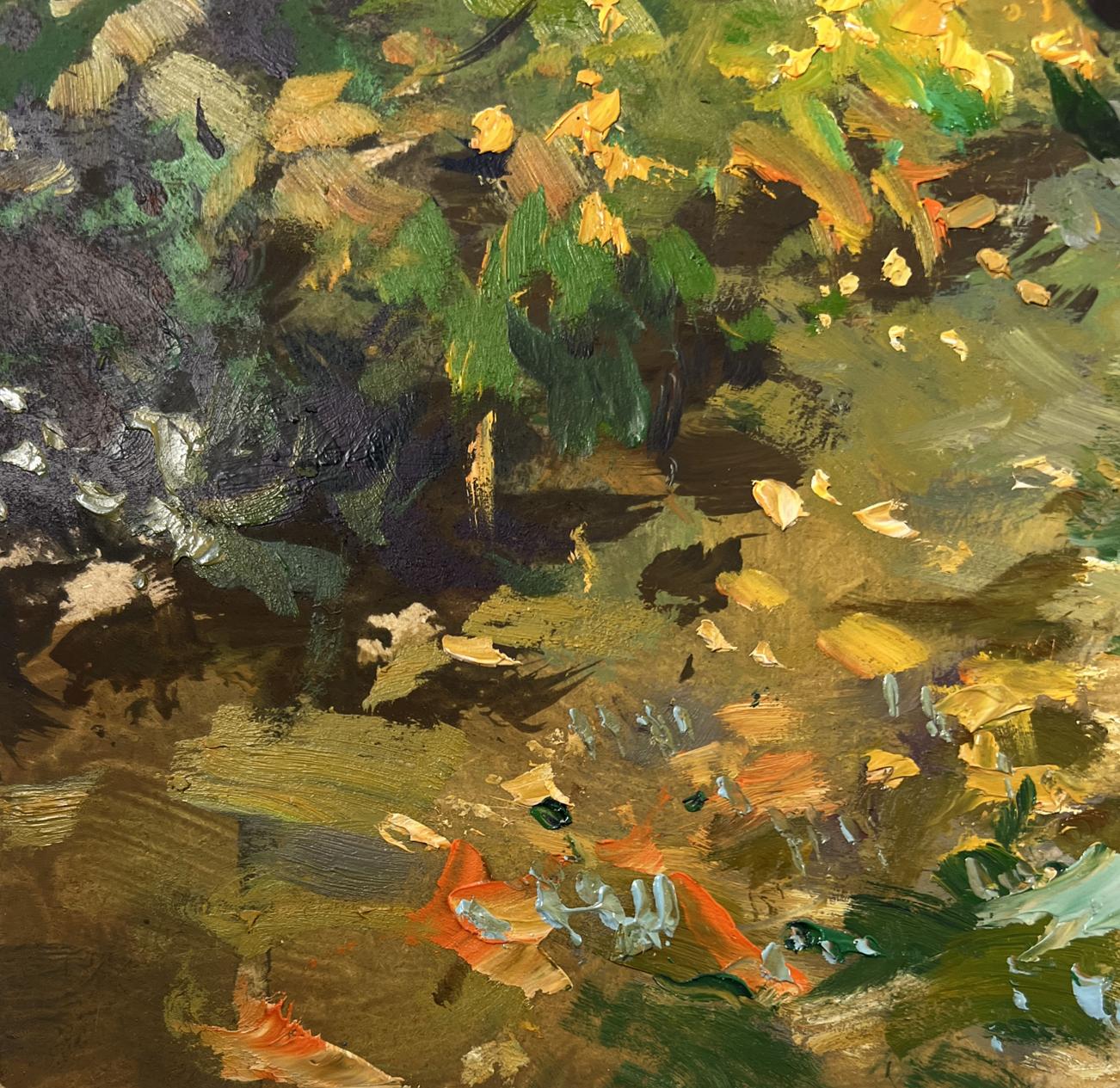 Oil painting of a path through silent forest by Yuriy Suprunchuk with vibrant autumn leaves
