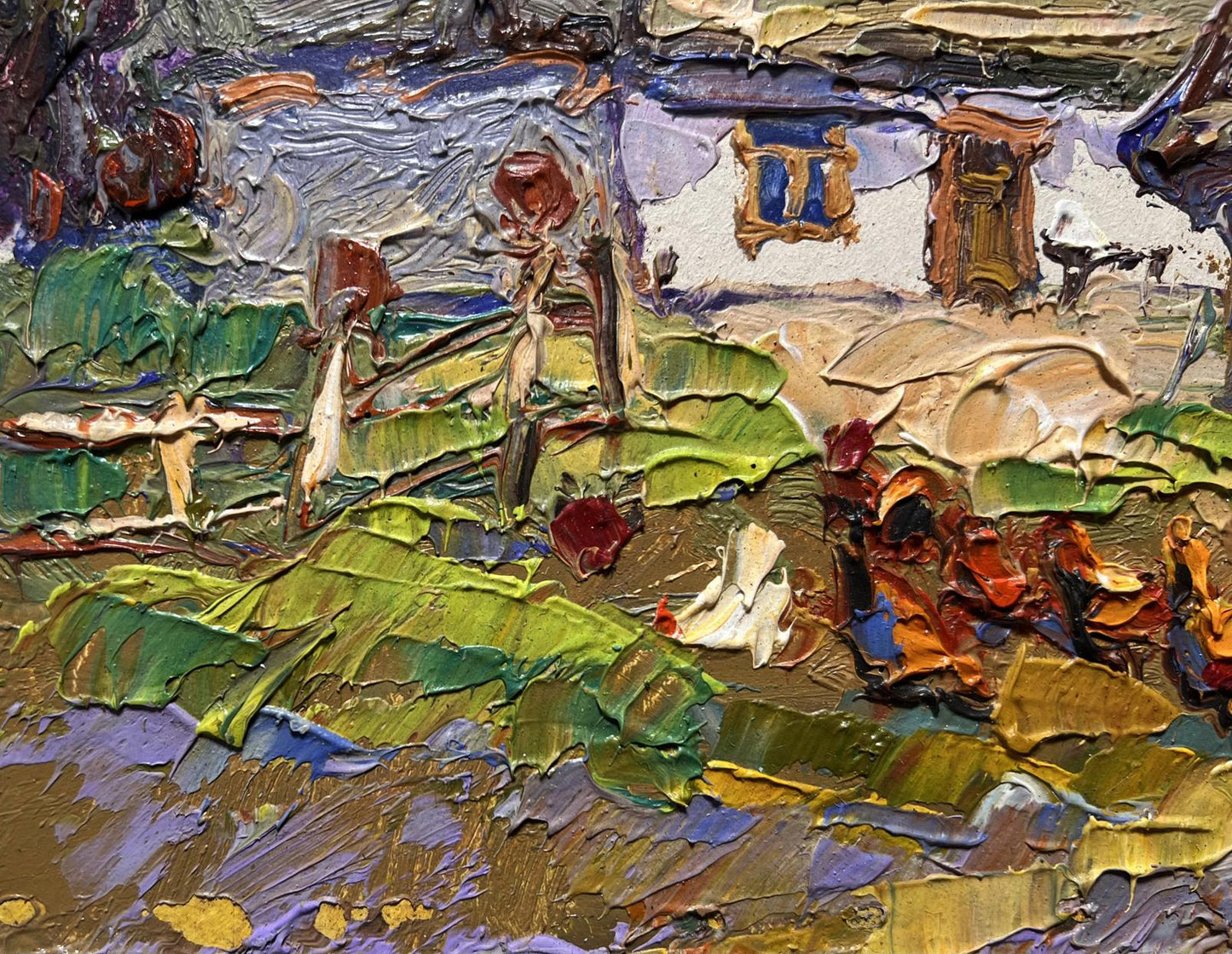Impasto oil painting of chickens in yard by Oksana Ivanyuk