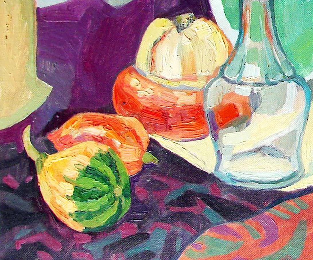 Vibrant oil painting of autumn pumpkins peppers by Tatyana Shulyak