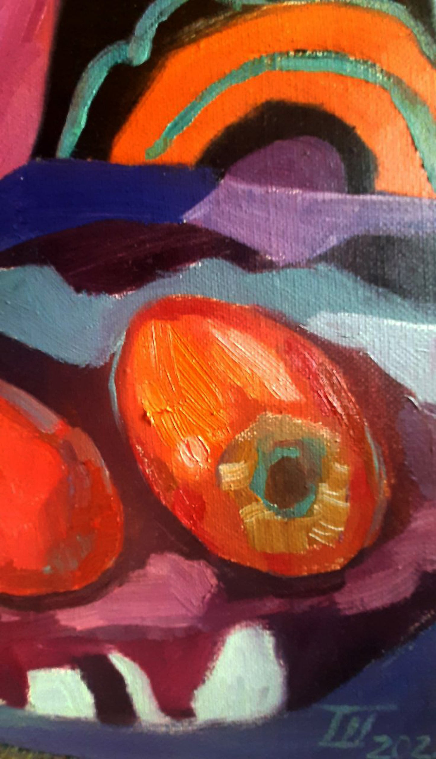 Oil painting of vibrant orange persimmon by Tetyana Shulyak