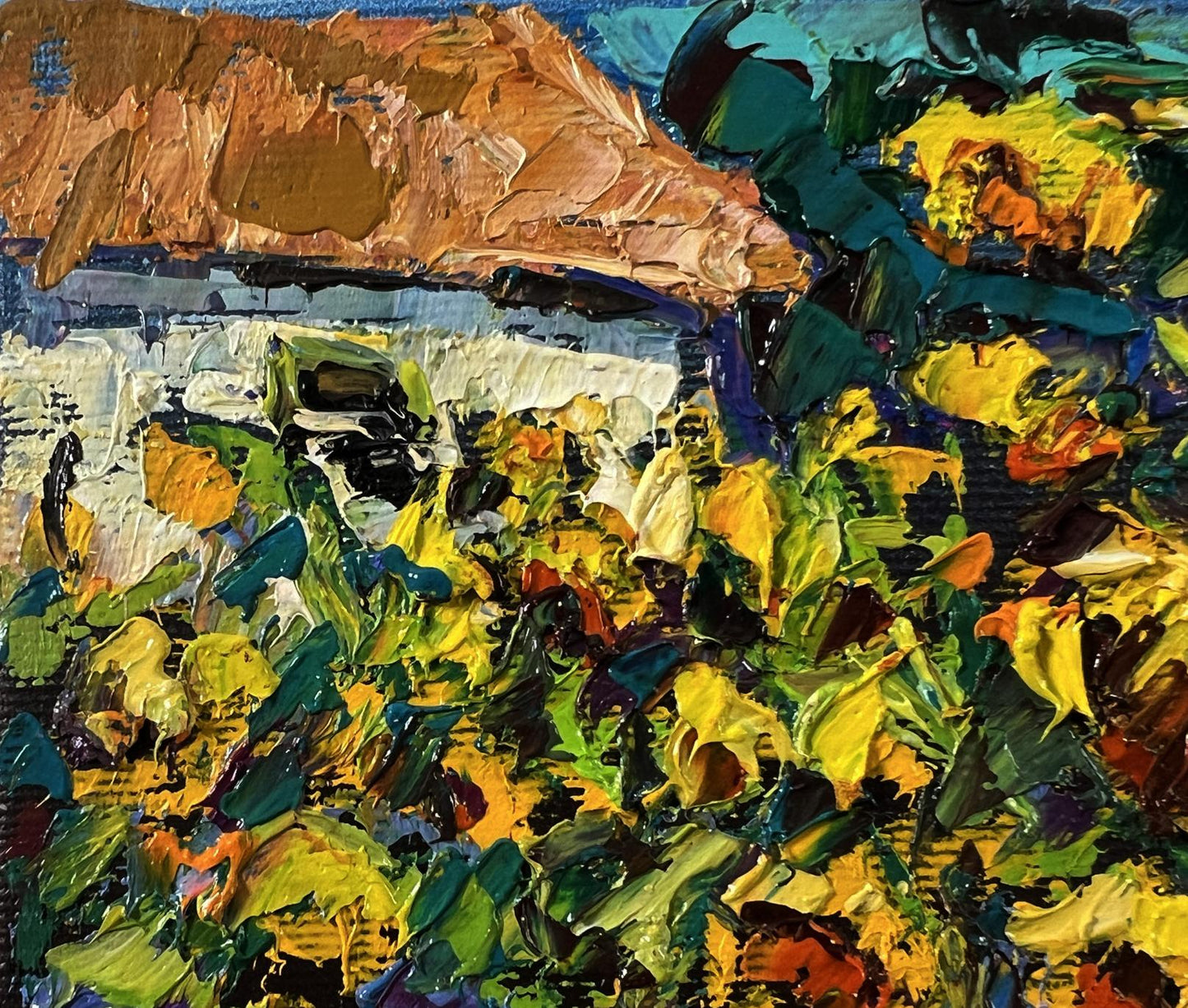 Vibrant Field Sunflowers oil painting by Oleksiy Ivanyuk with textured foliage