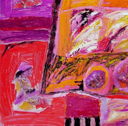 Vibrant abstract oil painting Young wine by Tatyana Shulyak in purple pink red orange