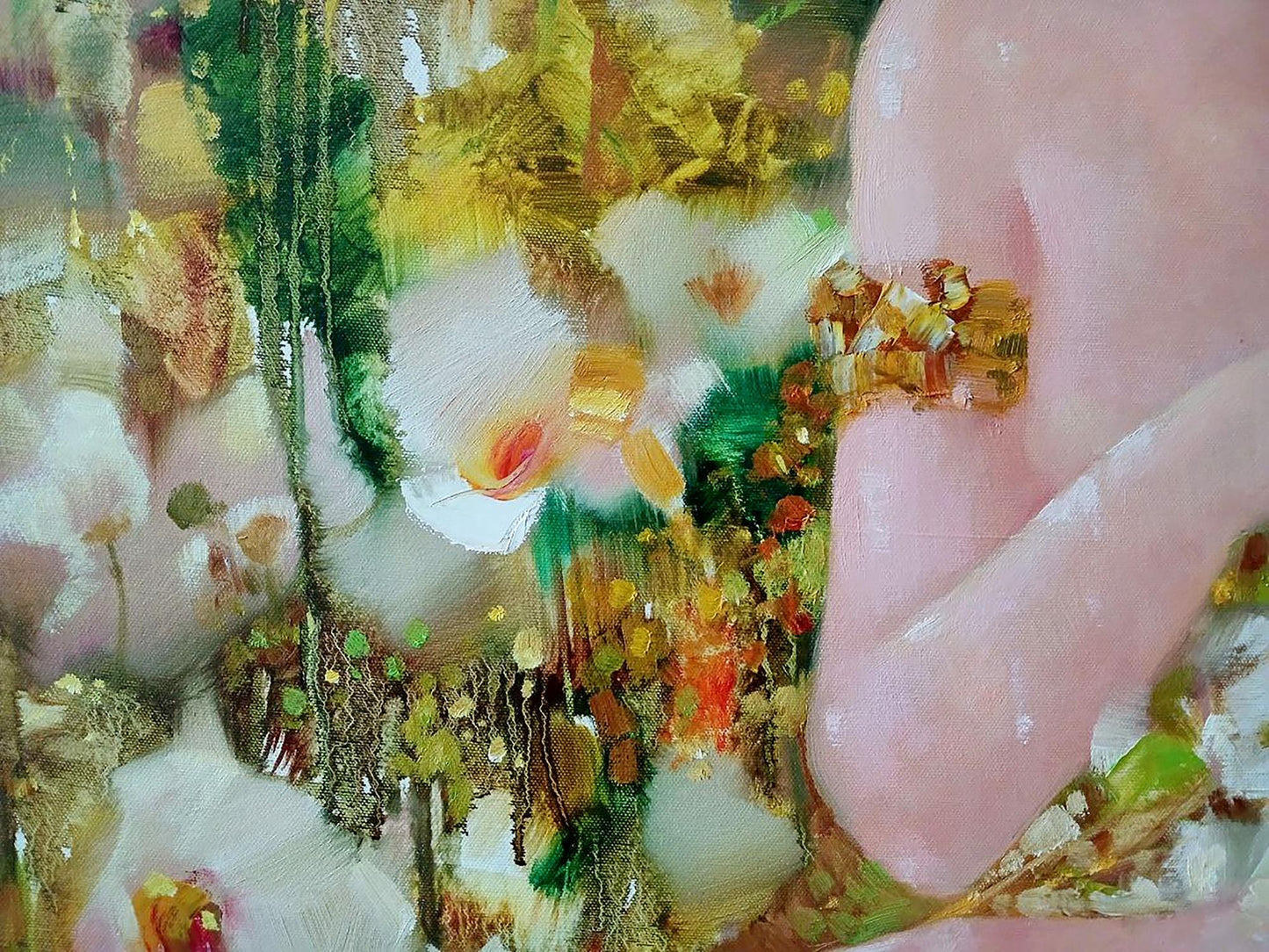 Abstract oil painting Eve Anatoly Tarabanov: pink hand cradling golden white flowers