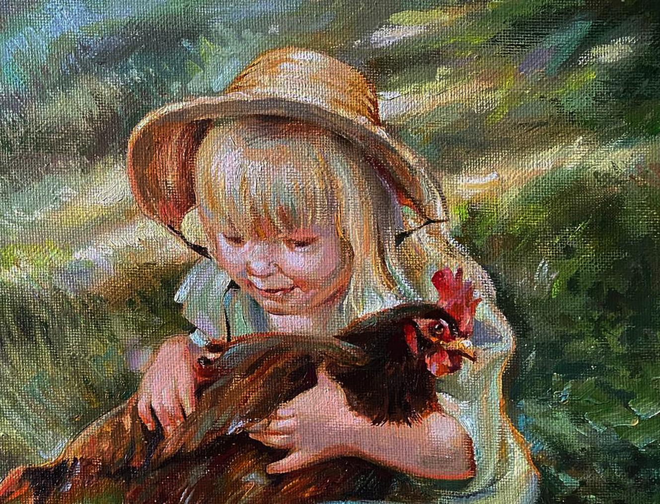 Oil painting by Natalia Bulat: girl in straw hat holds brown chicken