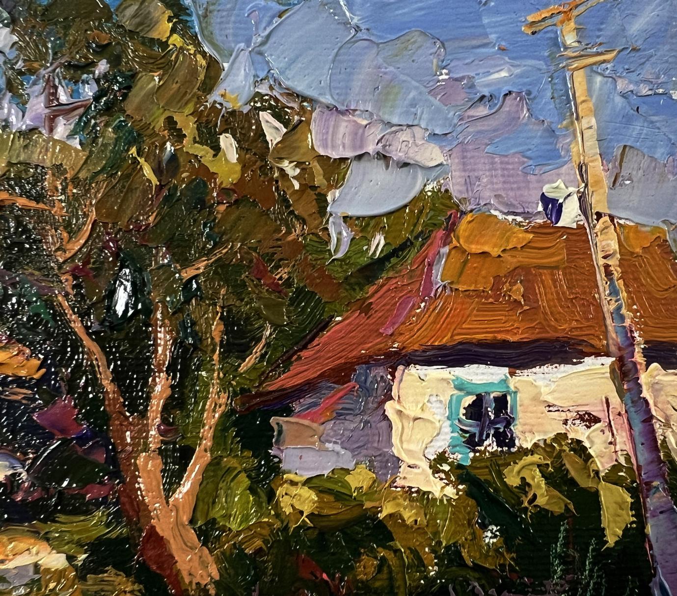 Oil painting Street in the village by Oksana Ivanyuk rustic house in foliage