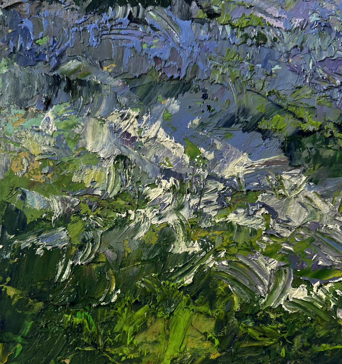 Oil painting of mountain meadows by Boris Serdyuk, textured green blue white
